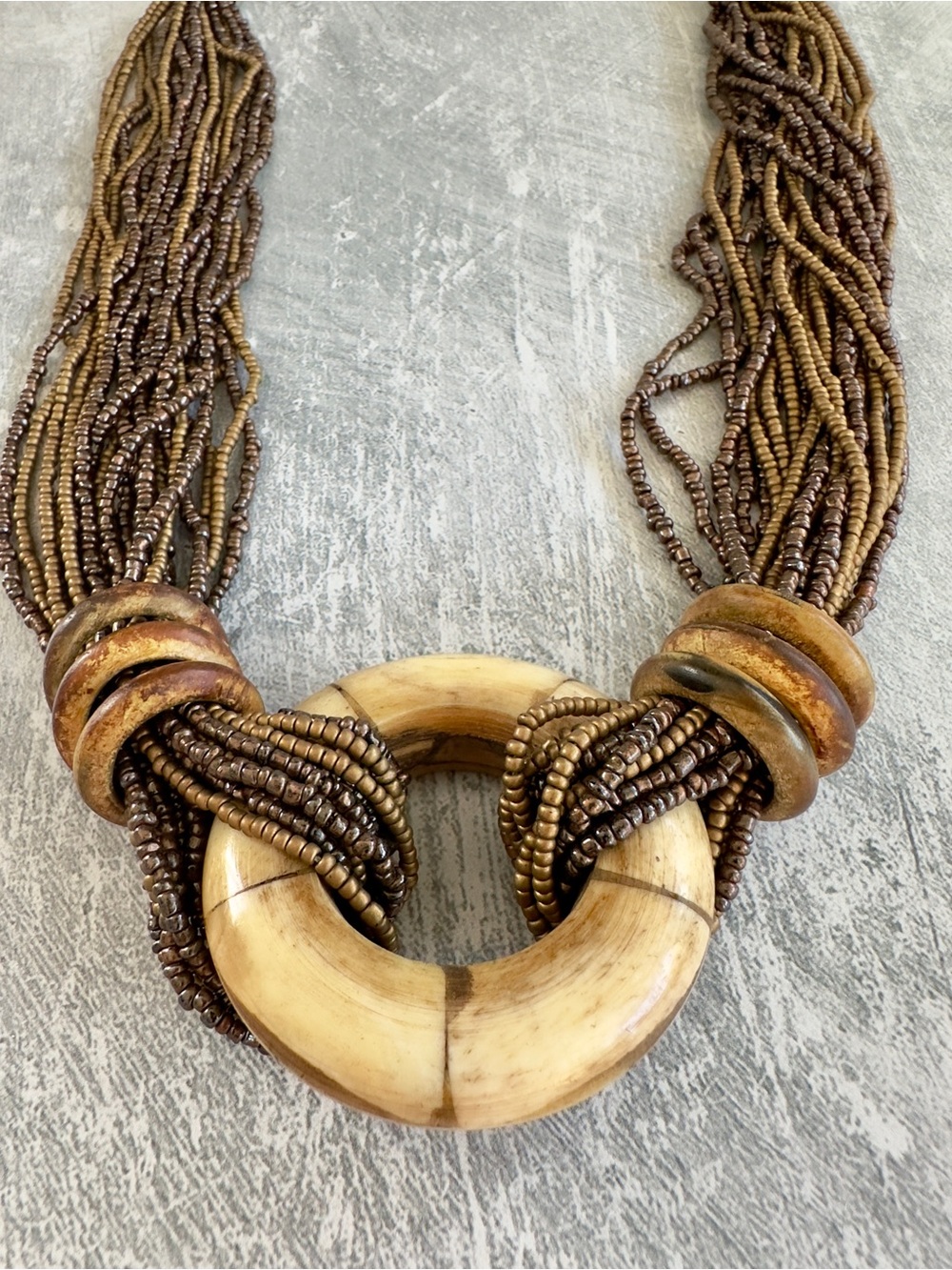 Boho Multi-Strand Brown Beaded Necklace with Natural Ring Pendant